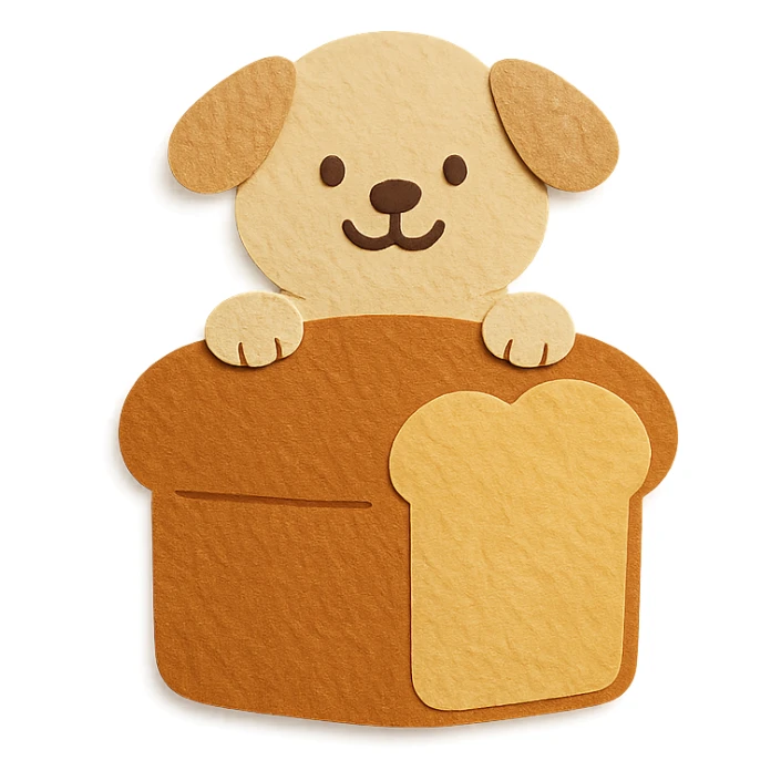fluffy bread maker dog peeking from a bread loaf, cheerful, warm beige, full-body sticker