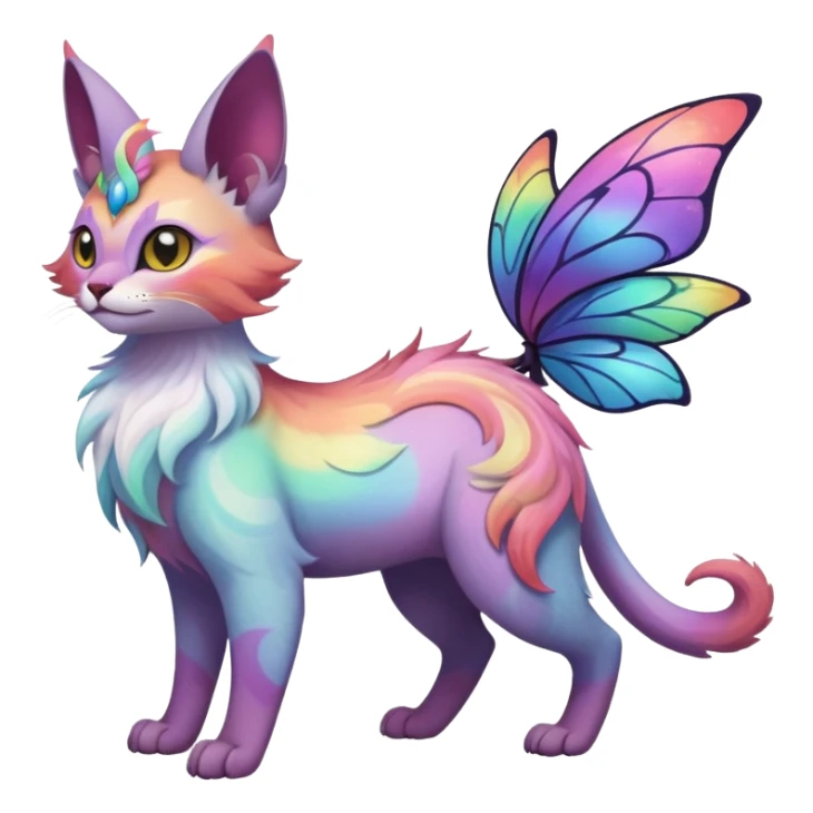 White iridescent with pastel rainbow-gradients-color-markings with swirly patterns butterflies  faerie-Noivern-Noibat-Purloin-Torracat-Lykoi-Caracal-cat-Fakemon-fusion-hybrid-creature sticker