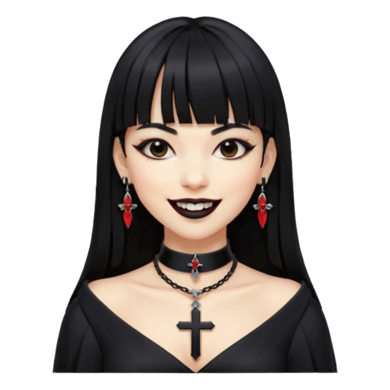 vampira com cabelo preto longo e liso e franja, olhos pretos, brincos em formato de cruz, choker em formato de cruz, roupa preta com decote, batom preto e sorrindo mostrando as presas de vampira sticker