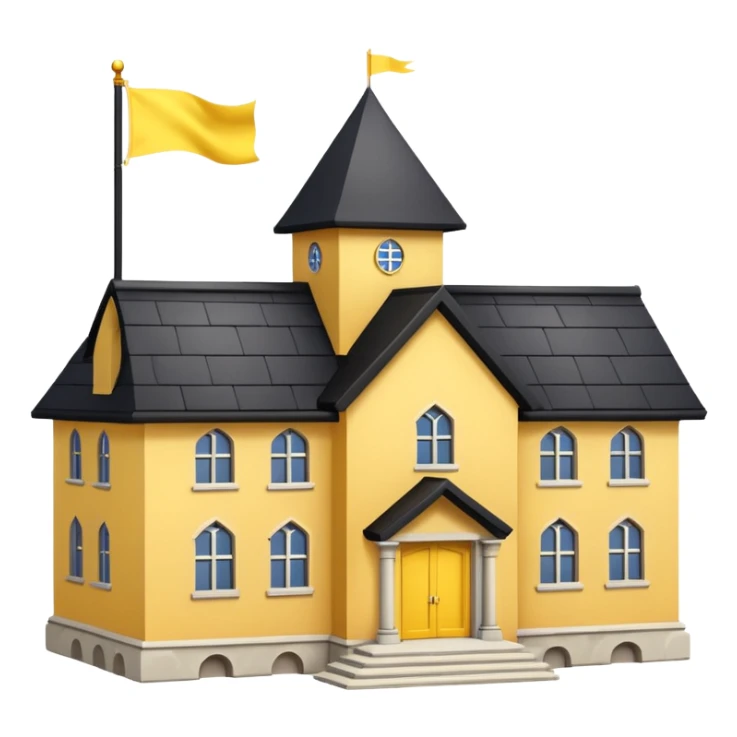 simple magic school, low detail, white background, magic school, black roof, with a big flag, big flag on a roof, big yellow flag, white school sticker