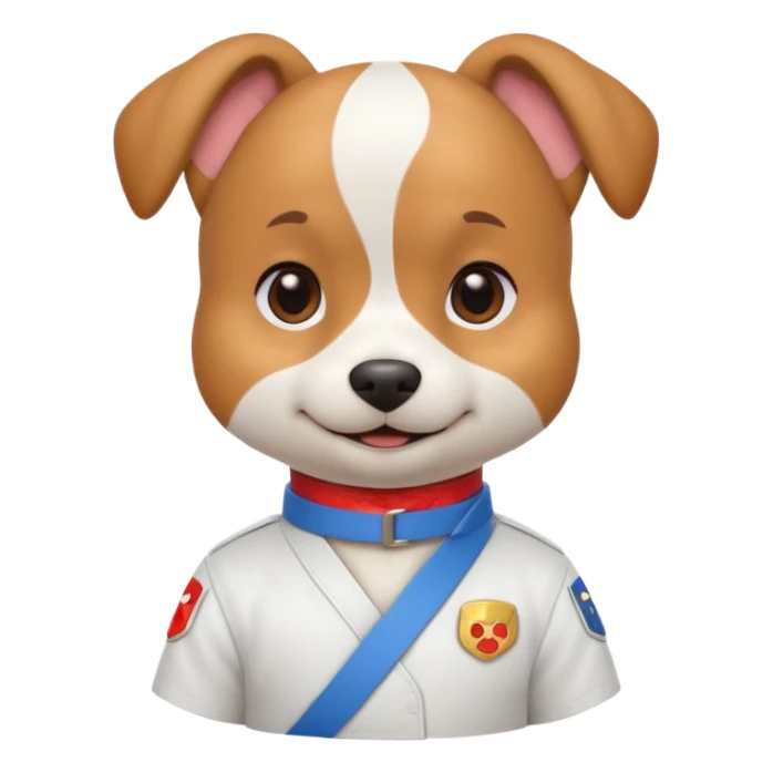 cute dog doing karate portrait, head and shoulders only, wearing white gi uniform, colored belt visible, confident smile, 3D cartoon, mobile game icon style, clean background, no text, no watermark
 sticker