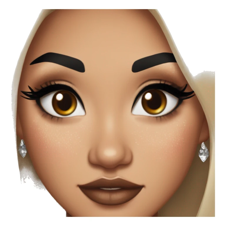 Alexa Demie euphoria show: warm brown eyes, bold black sharp eyeliner, sparkly rhinestones on eyes, dark arched brows, full nude-berry lips, light skin, high cheekbones, sleek dark brown long straight hair in ponytail.

 sticker