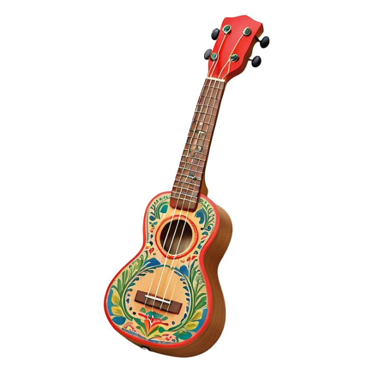 Create a vibrant and artistic emoji representing a ukulele with a Mexican design. The ukulele should feature a bright, colorful body with traditional Mexican patterns, such as geometric shapes, floral motifs, or colorful stripes. Use rich, warm tones like red, yellow, green, and blue to give the instrument a lively, festive look. Highlight the wood grain of the ukulele’s neck and fingerboard, and add subtle details like decorative inlays or a small Mexican flag symbol on the body. The strings should be clearly visible, and the instrument should be in a slightly angled position to showcase its unique design. The background should be transparent. sticker