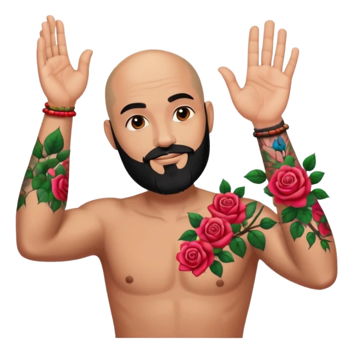 Bald man with black beard raising hand with colorful roses tattoo on forearm  sticker