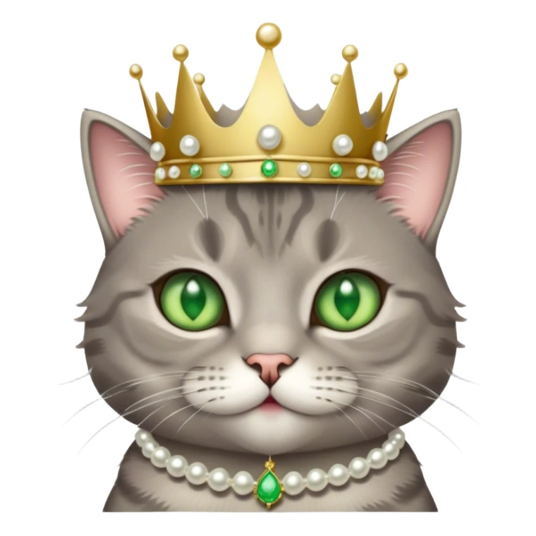 A cutesy fluffy, cool grey tabby cat with green eyes, white tummy, a simple pearl necklace and crown sticker