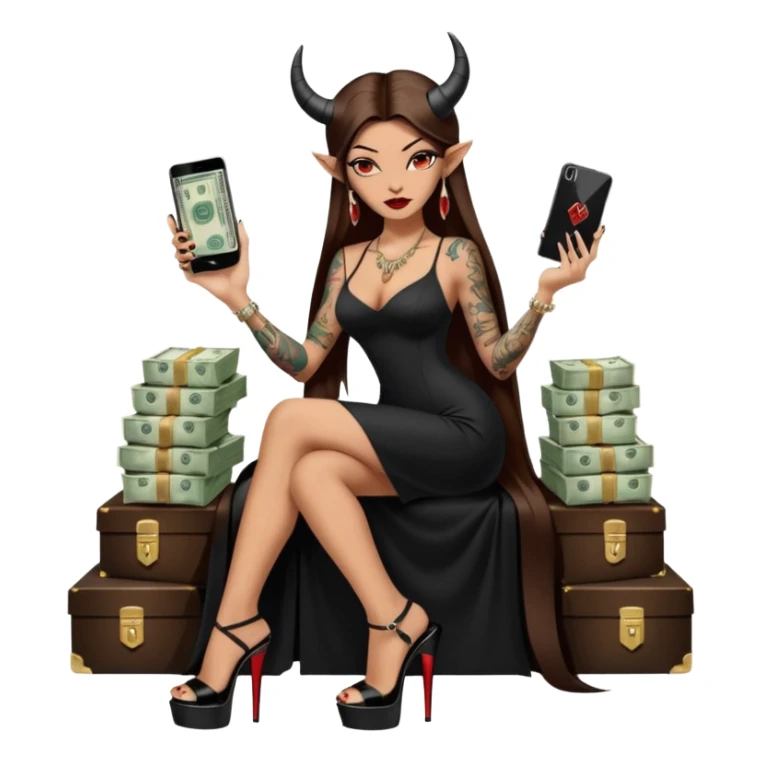 Sensual queen long brown straight haired mafia woman with black shiny platform high heels on her feet,  and black devil horns on her head, tattoos on arms , holding a stack of cash, has a phone in other hand. Sitting on a large big new model F350 pickup truck  long black dress with  slit sticker