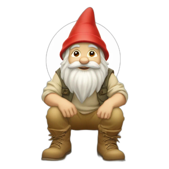 side view of gnome with light tan pants and light tan boots squatting in front of small dirt pile sticker