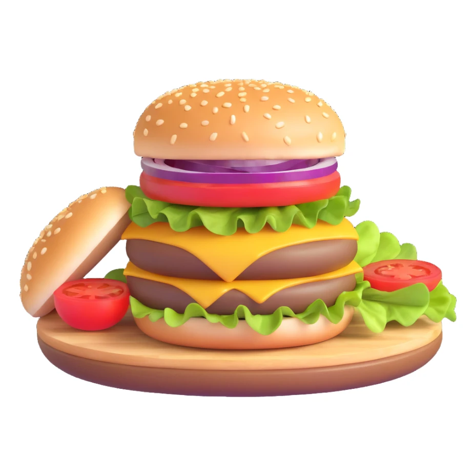 burger emoji with halved bun, salad, pickle, onion, tomato cutlet, sauce, cheese, halved bun sticker