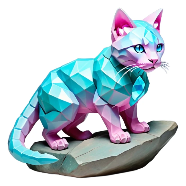 This fascinating hybrid creature combines the rocky ferocity of Boulderbite with the mystical elegance of Etherfeline. The result is a creature with a core body composed of angular, faceted stones in varying shades of turquoise, pink and gray. From the cracks between these stones emanates a soft blue ethereal glow. It has the general shape of a feline, but with crystalline rock formations creating its limbs and body. Its large, expressive eyes feature purple irises with amber outer rings, giving it a hypnotic gaze. The creature sports pointed ears lined with purple crystal formations, and a tuft of blue flame-like energy flows from its head and along its spine. Its tail is a flexible chain of smaller rocks wrapped in the same ethereal blue energy. When it opens its mouth, sharp crystalline teeth are revealed, though its expression is more mysterious than threatening. Small whisker-like energy tendrils extend from its muzzle, occasionally emitting tiny ice crystals. full body sticker