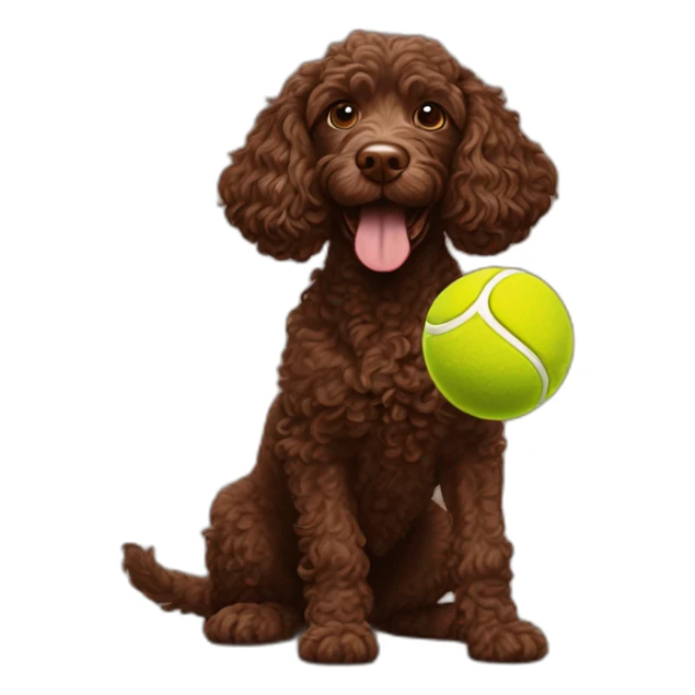 A chocolate colored curly doodle dog juggling three tennis balls sticker