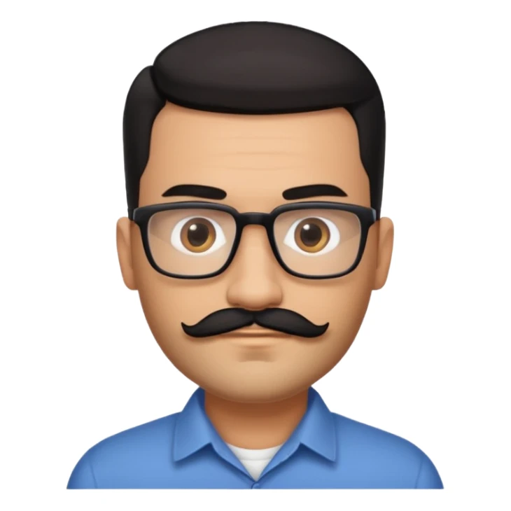 Attractive Hispanic TV host in his mid to late 40s with light brown skin, short straight black hair slicked back with fade on sides, square handsome face with strong jawline, friendly approachable expression, black beard and moustache, wearing glasses sticker