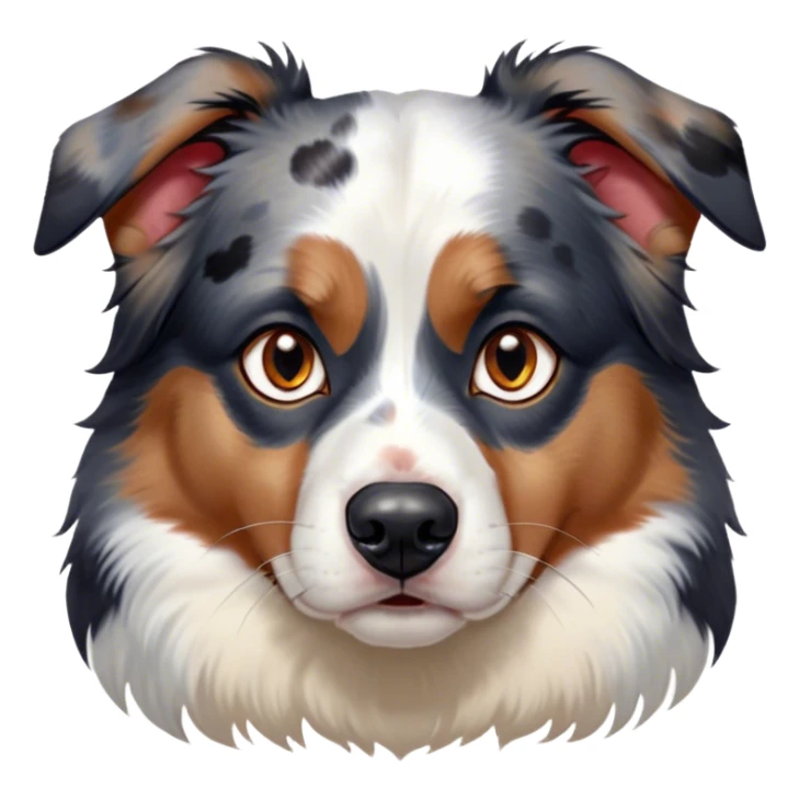 Cinematic Meme-Worthy Grumpy Calico Australian Shepherd Portrait Emoji, Head held high but eyes filled with dramatic disappointment, smooth white fur with spectacular patches of black, tan, and red calico merle, deeply furrowed brow forming an unmistakable scowl, floppy ears slightly angled back in disapproval, piercing blue eyes glaring with pure exasperation, Simplified yet hilariously over-exaggerated features, highly detailed, glowing with an aura of supreme annoyance, high shine, exhausted yet judgmental, stylized with an almost regal pettiness, bright but brooding, soft glowing outline, capturing the essence of a pup that has seen it all and is thoroughly unimpressed, so meme-worthy it feels like it could instantly become the next viral sensation of grumpiness! sticker