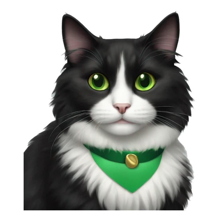 fluffy tuxedo cat with green eyes and green collar sticker
