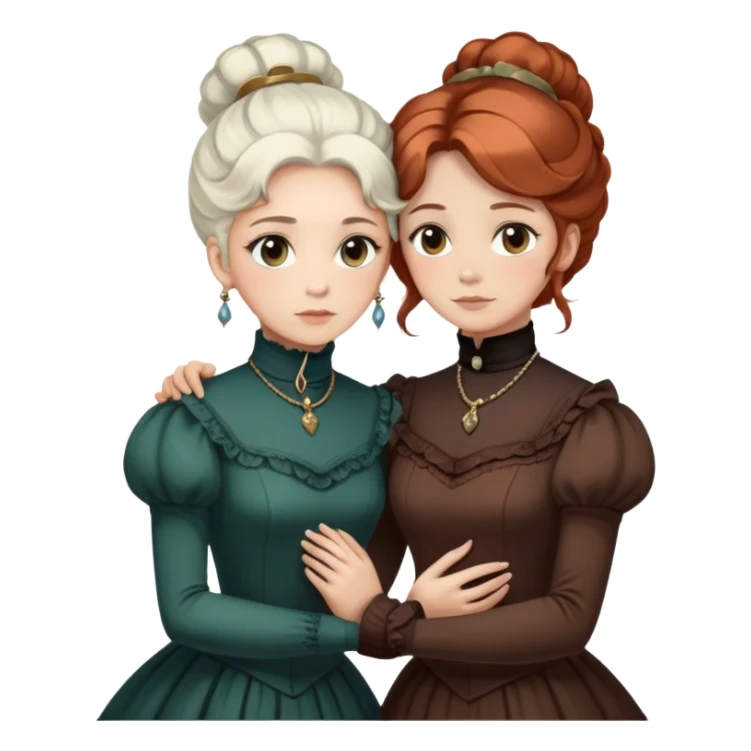 Two Victorian women with light eyes, one with white coiffed hair and one with dark copper coiffed hair, wearing Victorian turtleneck dresses with their arms tightly around each other sticker