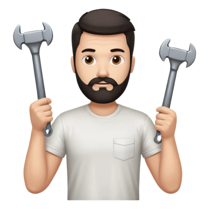  guy who looks very handsome, he has a dark beard, wears a white tee shirt and holds a wrench in one hand and a black hammer in the other hand sticker