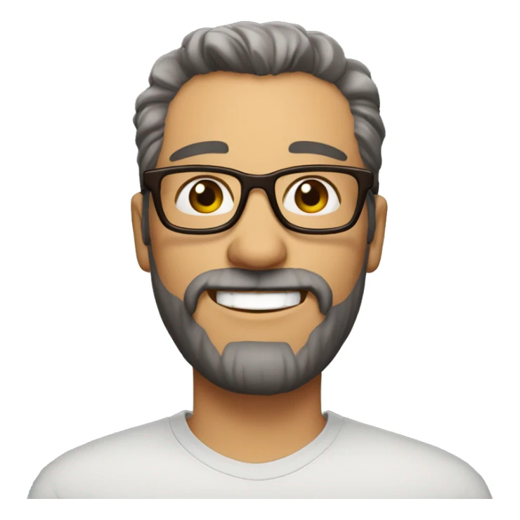 Man aged 40. Short stripped hair and short brown beard, big brown eyes, gray opthical glasses, big smile sticker