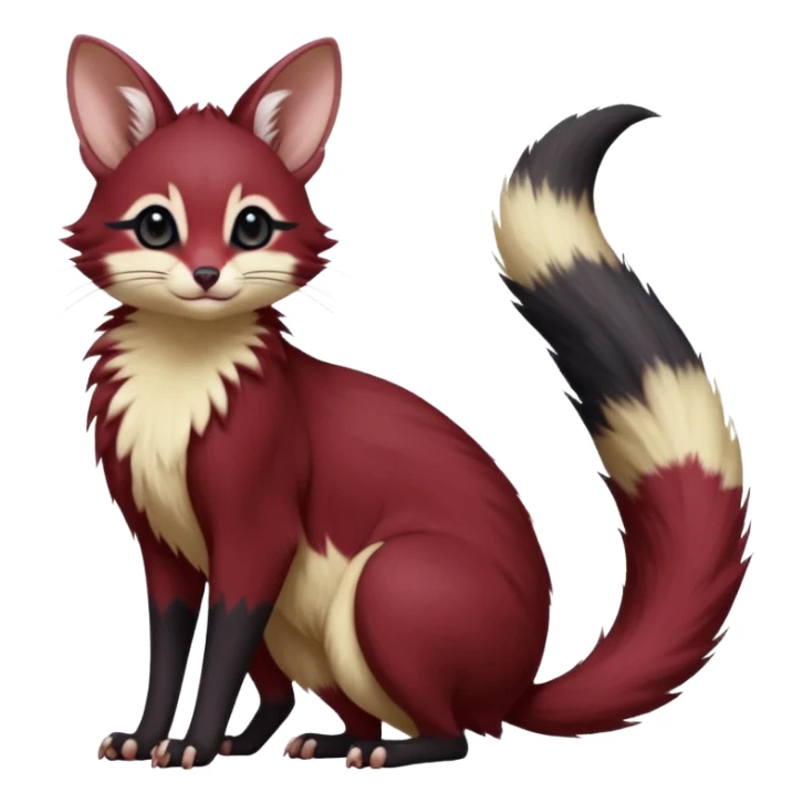 Wine-Red, black-pointed, soft natural realistic romantic vintage antique divine beautiful elegant pretty precious cute young youthful  Fakémon-Pokémon-opossum-feline-mouse-serval-caracal-chinchilla-Minccino-Cinccino-Meowstic-rodent-hybrid-creature with a big fluffy bushy tail (full body) sticker
