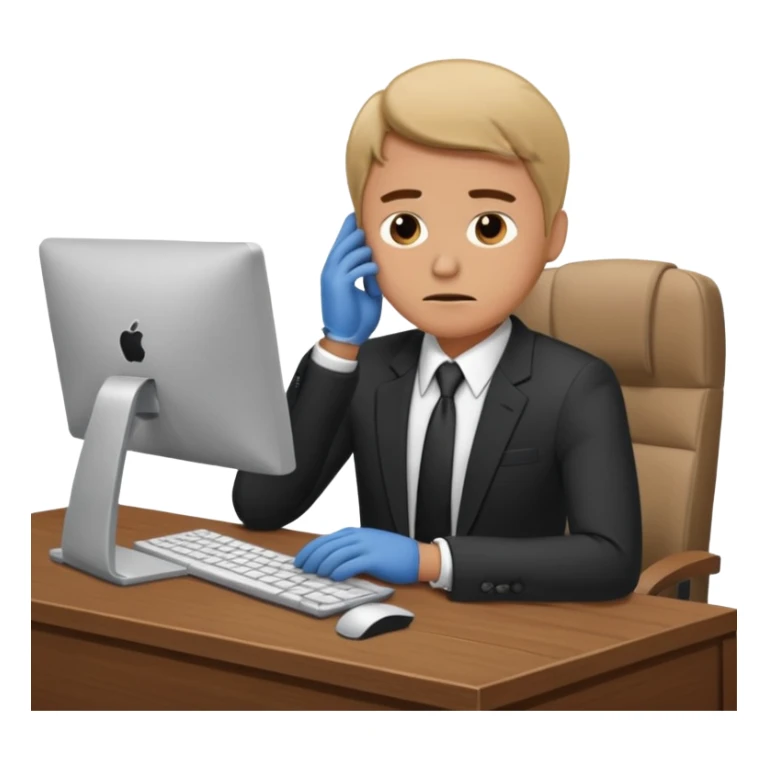 A man in corporate attire sitting at a desk, looking stressed while working on a computer sticker