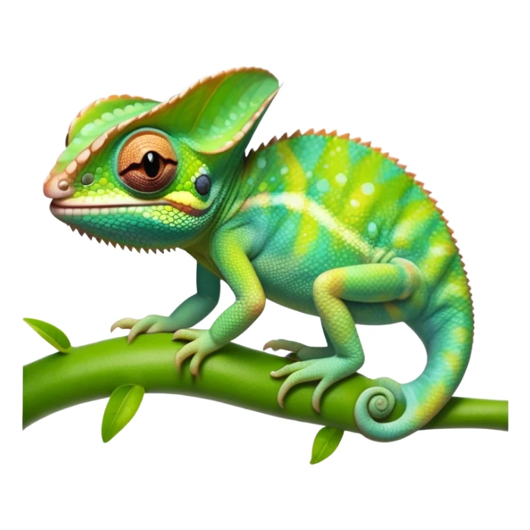 cinematic cute-smiling baby chameleon-realistic emoji,-blending-with-vibrant-greenery.-detailed-scales-in-shifting-colors,-showing-the-chameleon’s-ability-to-camouflage.-soft-natural-light-highlights-its-texture.-light-background, zoomed into its face sticker