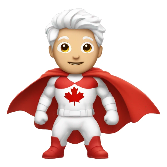 canadian superhero wearing red and white clothes including a mapple leaf sticker