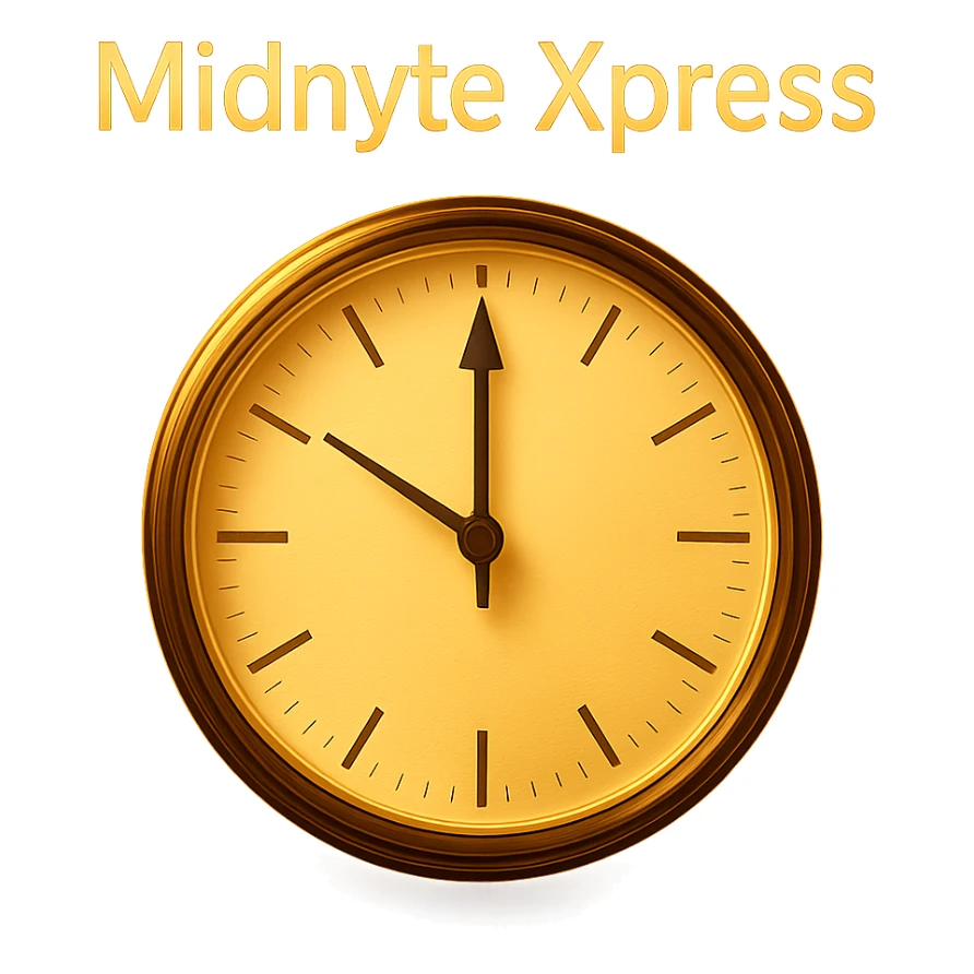 Add a glowing effect around the clock and the text 'Midnyte Xpress', keeping the realistic look and transparent background. Maintain the realistic style and enhance the glow effect around both the clock and the text for emphasis. sticker