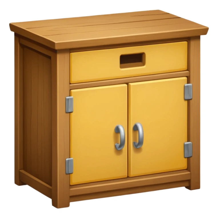 Compact emoji-style icon showing a small wooden cabinet with one door slightly open, a hammer resting beside it, and a plank of wood leaning in the background. Light brown wood tones, silver hammer head, yellow handle. Soft shadows, clean glossy look.  sticker