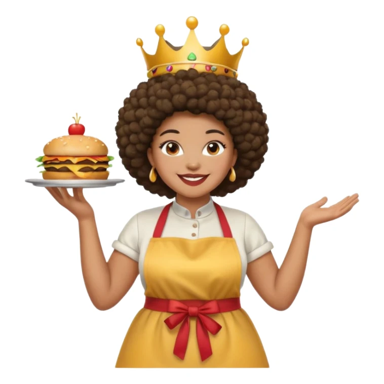 Mujer curvy afro, con vestimenta cómoda y delantal,con una corona sobre su cabeza y sonrisa contagiosa. Entre brazos comida rapida sticker