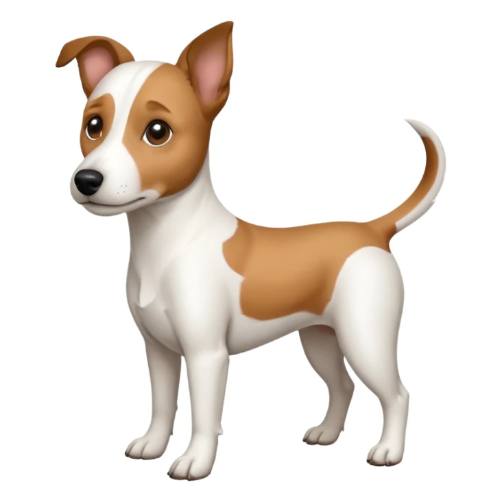 a full body white jack russel looking dog the size of a kelpie with light brown ears and a light brown patch on one eye, flopped down ears and a large snout sticker