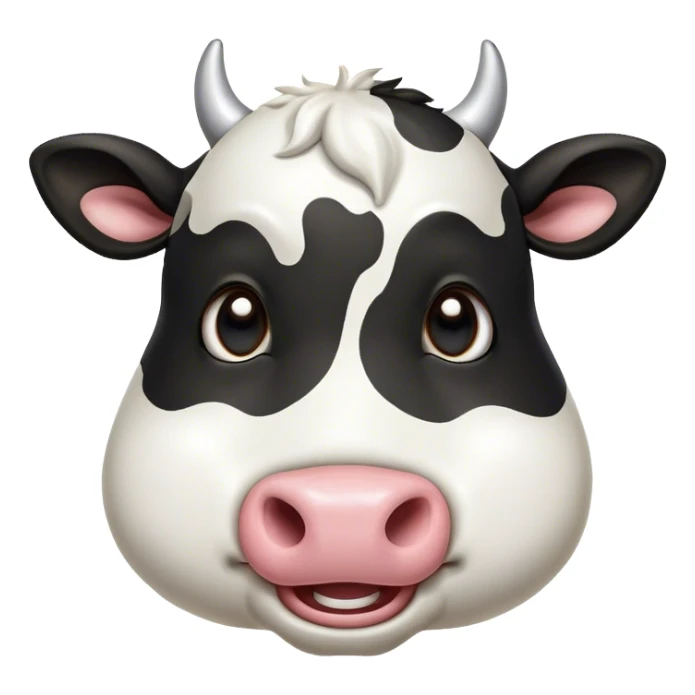 Cinematic Comical Black and White Cow Portrait Emoji, Head tilted dramatically with an exaggeratedly amused expression, featuring a striking, glossy coat of bold black and white, wide, expressive brown eyes filled with playful disbelief, Simplified yet hilariously expressive features, highly detailed, glowing with a slightly sassy glow, high shine, dramatic yet playful, stylized with an air of cheeky mischief, bright and endearing, soft glowing outline, capturing the essence of a spirited and over-the-top cow, so meme-worthy it feels like it could moo its way into internet fame instantly! sticker