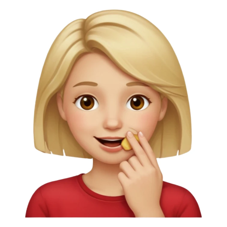 Hand over mouth with blushed cheeks more redness on cheek and smiling  more more redness  dirty blonde hair  sticker