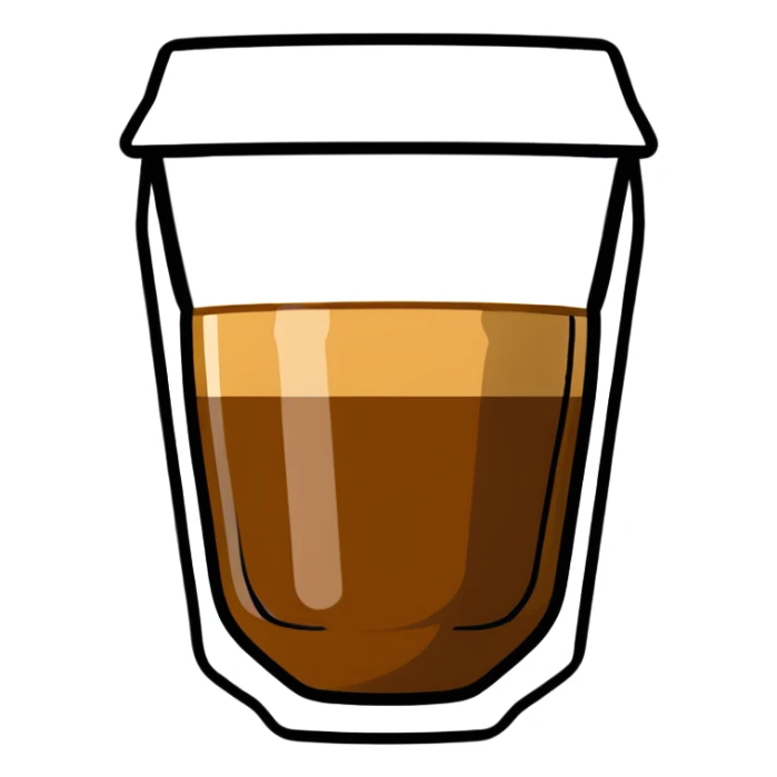 Small Gibraltar glass with cortado espresso, light brown color on top (NOT WHITE), deepening to darker brown at bottom, smooth surface, no froth or swirl sticker
