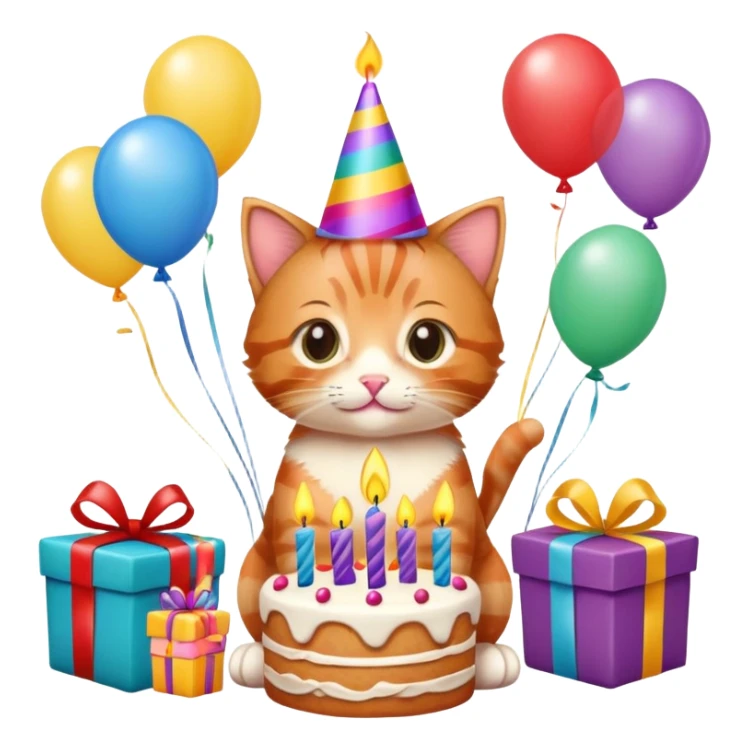 Ginger tabby kitten celebrates birthday, birthday hat, birthday cake, one candle, balloons, happy, gifts sticker