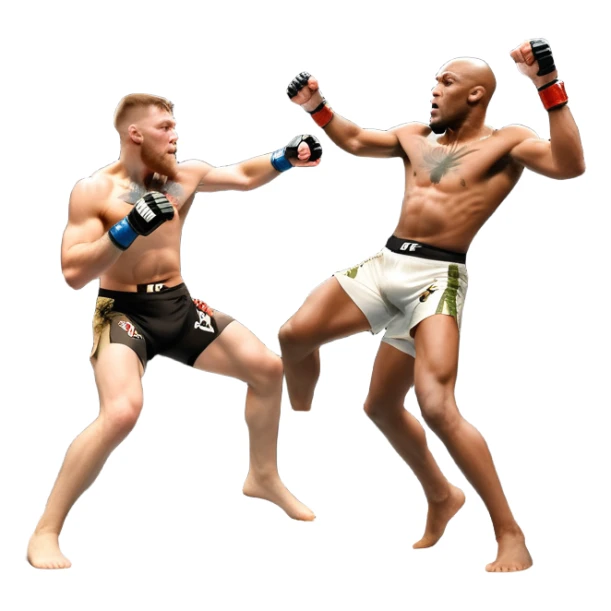 An MMA showdown between Conor McGregor and Anderson Silva in the octagon. McGregor is executing a jumping strike, while Silva skillfully deflects the attack. The background shows the UFC octagon with roaring fans and vibrant energy. Transparent background. sticker