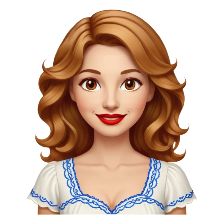 Artistic woman in her 40s with bright complexion, round face, big lively light brown eyes, wide friendly smile, vibrant red lips, voluminous wavy dark blonde hair with highlights to shoulders, white summery dress with blue embroidery and electric blue neckline sticker