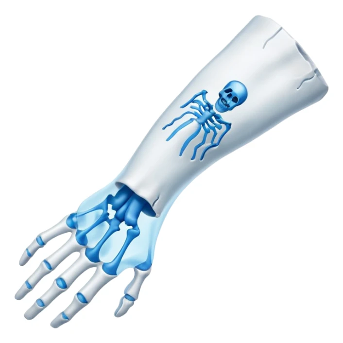 3D render of Broken Bone Cast, X-Ray imaging aesthetic, translucent materials showing internal structure, white plaster cast with a blue ghost overlay showing the break, medical scan style, emoji style, isolated on white background --v 6.0. sticker