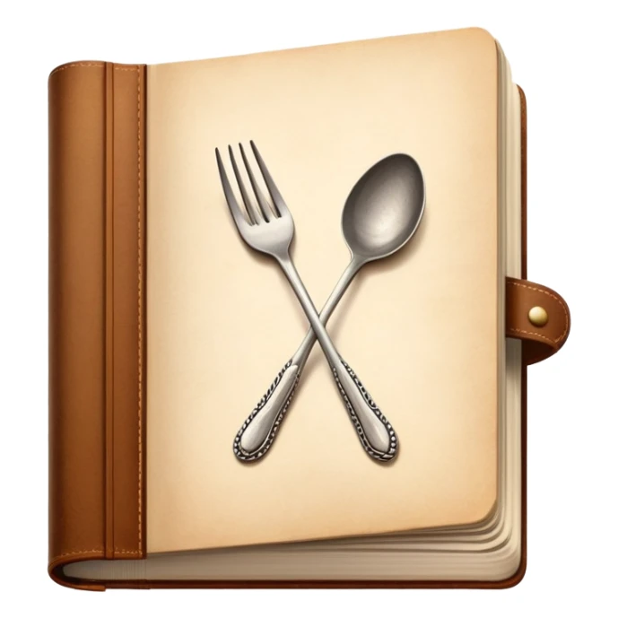 Cookbook with crossed fork and spoon emblem on its cover, recipe collection sticker