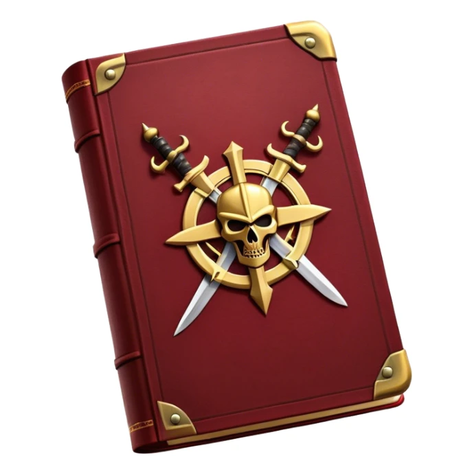 A dark crimson red book with black and gold details, a rugged leather texture, and an emblem of crossed swords, a knight chess piece, or a battle flag, radiating strategy, discipline, and the art of power sticker