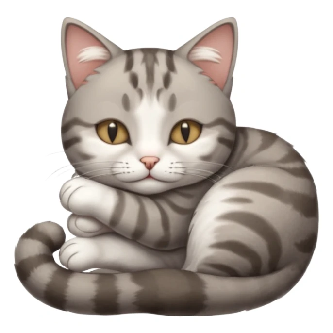 grey and white small cat with its eyes closed lying down with its paw curled and holding up his head sticker