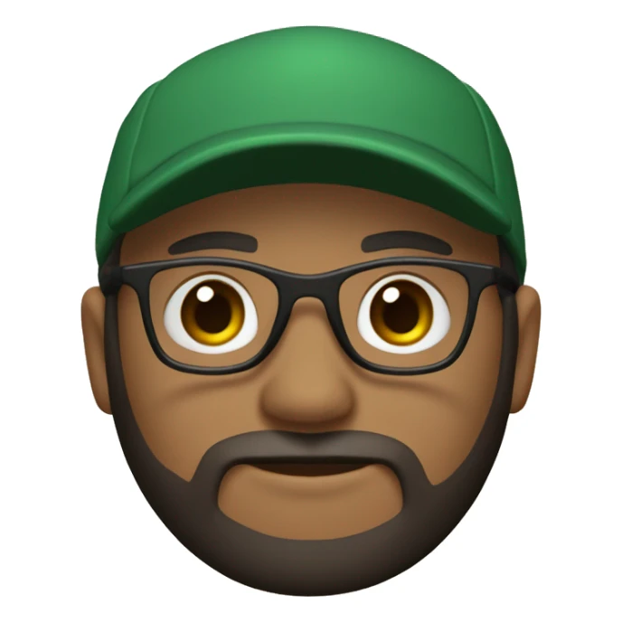 A 3D avatar with a dark green baseball cap, black t-short, glasses, black beard, dark brown eyes, light skin, and looks 35 years old on a beige background sticker