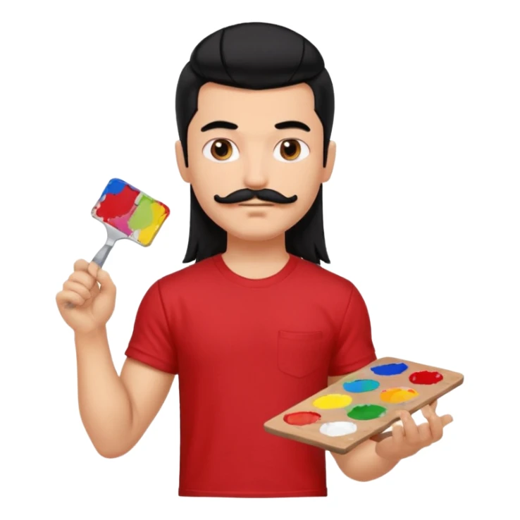generate a pretty fair bratz boy with a long mullet (black hair), mustache, carrying a paint palette in hand and wearing a red tshirt. Lean but biceps sticker