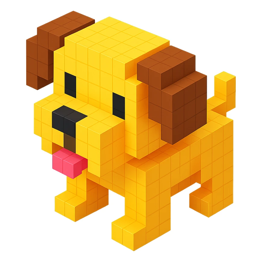 <SystemPrompt>
                <Style>
                  <Name>Voxel Emoji Art</Name>
                  <Description>A playful, isometric voxel style that mimics pixel art in 3D, commonly used for emojis, UI icons, and symbols. Rendered with bright, vibrant colors and no shadows.</Description>
                  <VisualRules>
                    <Geometry>
                      <BaseUnit>Cube</BaseUnit>
                      <GridAlignment>Isometric</GridAlignment>
                      <VoxelSize>Consistent</VoxelSize>
                    </Geometry>
                    <Color>
                      <Palette>Vivid and High Saturation</Palette>
                      <Gradient>Allowed on faces for subtle lighting</Gradient>
                    </Color>
                    <Lighting>
                      <Style>Soft studio lighting</Style>
                      <Shadows>Subtle ambient shadows</Shadows>
                    </Lighting>
                    <Detailing>
                      <Outline>None</Outline>
                      <Texture>Flat color (no texture noise)</Texture>
                      <Effects>None</Effects>
                    </Detailing>
                  </VisualRules>
                </Style>
                <Generation>
                  <PromptTemplate>
                    <![CDATA[
                      Render a voxel-style 3D illustration of a {subject}, using bright colors and blocky pixelated geometry. The object should appear playful and clean, similar to emoji aesthetics, with no shadows and no outlines. Lighting should enhance the 3D depth without harsh contrast.
                    ]]>
                  </PromptTemplate>
                </Generation>
              </SystemPrompt>
              {subject} = dog sticker