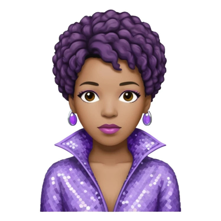 Macy Gray with dark brown hair, pale lavender sequin outfit sticker