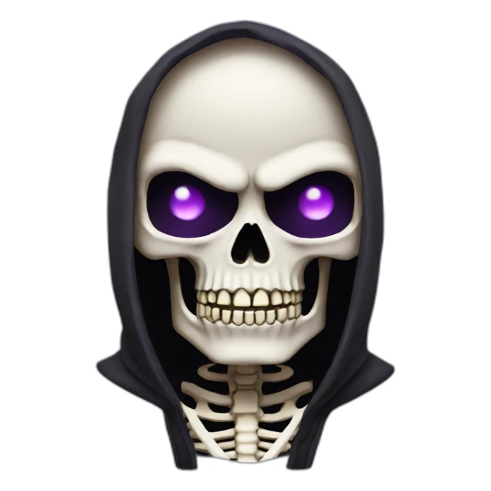 A skeleton in a black hood, purple eyes, angry sticker