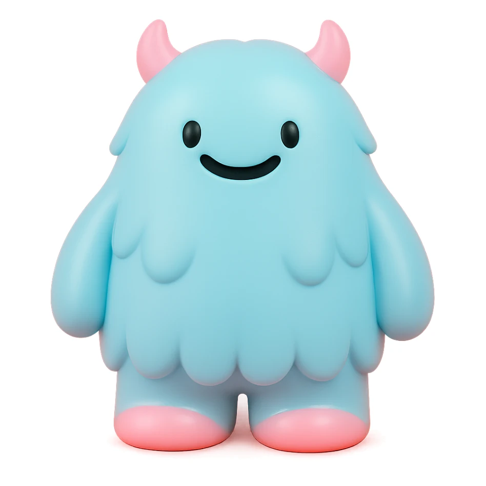 fluffy monster with long fur, tiny horns, cheerful expression, light blue and pink colors sticker
