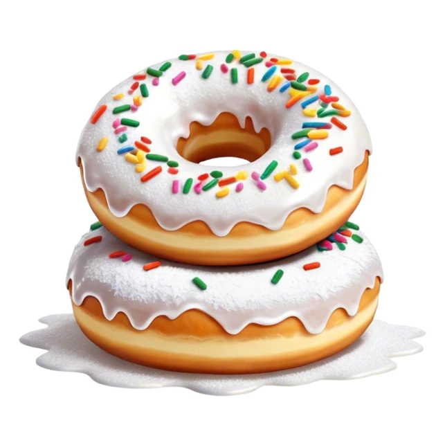 Cinematic fluffy donuts, perfectly golden and dusted with powdered sugar, vibrant icing with sprinkles, stacked in a playful arrangement, soft glowing highlights, warm and inviting. sticker