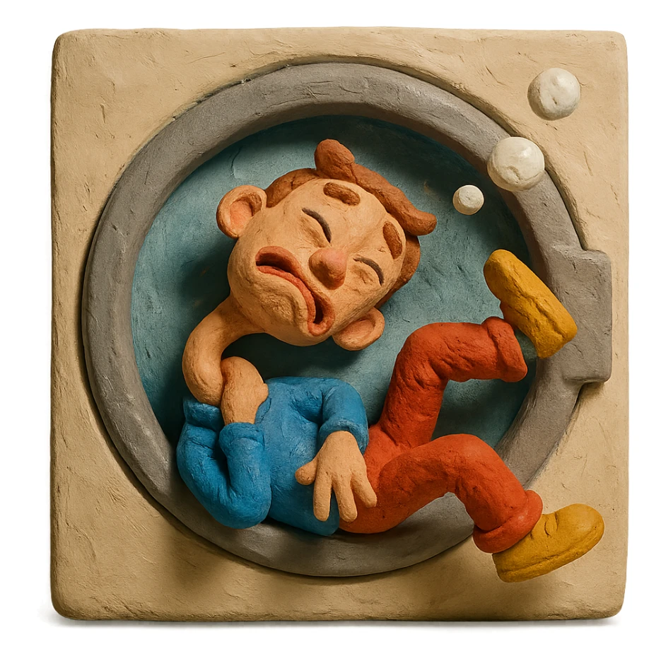 a character with exaggerated neck bend, spinning and tumbling inside a washing machine, bubbles and dizzy face sticker