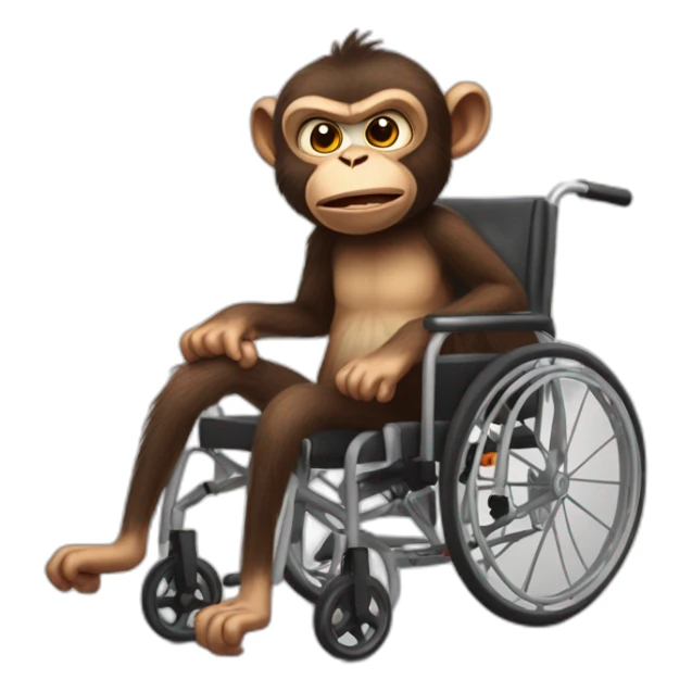 Very angry monkey with small ferocious rollins eyes rides cute wheelchair sticker