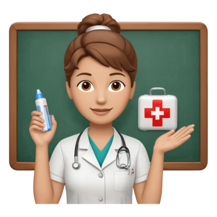 happy teacher with white board brown hair updo, first aid shirt sticker