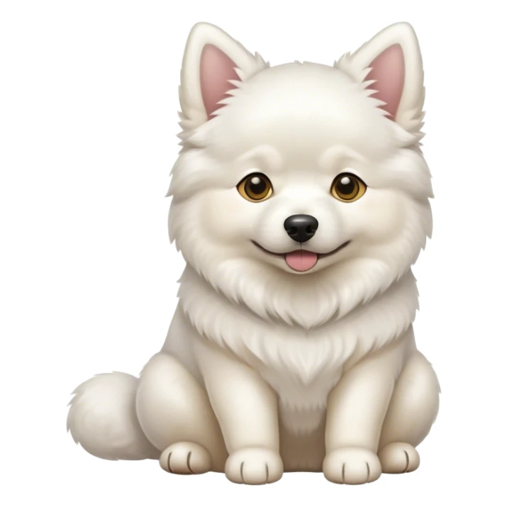 a big samoyed dog sitting down holding a yellow chihuahua sticker