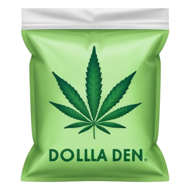 Weed pound baggie with the name Dolla Den and a logo sticker